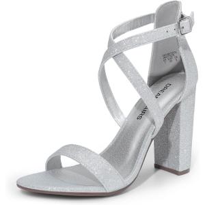 imageDREAM PAIRS 4 inch High Heels for Women Chunky Block Cross Strap Open Toe Dress Sandals for Wedding Bridal Evening Homecoming PromSilver