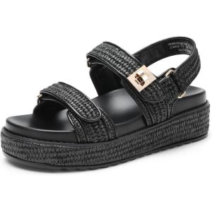 imageDREAM PAIRS Womens Low Wedge Sandals Comfortable Arch Support Platform Open toe Casual Dressy Flat Summer Sandals with Adjustable StrapsBlackraffia