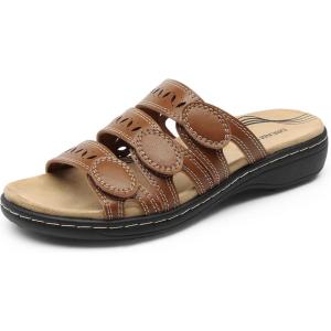 imageDREAM PAIRS Womens Slide Sandals Comfortable Arch Support Casual Walking Sandals Adjustable Straps Slip On Low Wedge Flat SandalsBrown