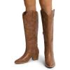 imageDREAM PAIRS Cowboy Boots for Women Cowgirl Knee High Boots Comfortable Pull On Zipper Chunky Heel Pointed Toe Embroidered Western BootsBrown