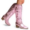 imageDREAM PAIRS Cowboy Boots for Women Cowgirl Knee High Boots Comfortable Pull On Zipper Chunky Heel Pointed Toe Embroidered Western BootsPinkmetal