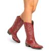 imageDREAM PAIRS Womens Cowboy Boots Mid Calf Cowgirl Boots Square Toe Chunky Heel Embroidery Stitched Western BootsRed