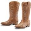 imageDREAM PAIRS Womens Cowboy Boots Mid Calf Cowgirl Boots Square Toe Chunky Heel Embroidery Stitched Western BootsTan