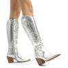imageDREAM PAIRS Womens Cowboy Boots Wide Calf Comfortable Pull On Zipper Chunky Heel Pointed Toe Embroidered Western Cowgirl Knee High Boots Girls Ladies Retro Tall BootMetallic Silver