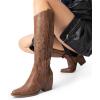 imageDREAM PAIRS Womens Cowboy Boots Wide Calf Comfortable Pull On Zipper Chunky Heel Pointed Toe Embroidered Western Cowgirl Knee High Boots Girls Ladies Retro Tall BootLight Brown
