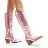 imageDREAM PAIRS Womens Cowboy Boots Wide Calf Comfortable Pull On Zipper Chunky Heel Pointed Toe Embroidered Western Cowgirl Knee High Boots Girls Ladies Retro Tall BootMetallic Pink