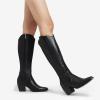 imageDREAM PAIRS Womens Cowboy Boots Wide Calf Comfortable Pull On Zipper Chunky Heel Pointed Toe Embroidered Western Cowgirl Knee High Boots Girls Ladies Retro Tall BootBlackPu