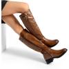 imageDREAM PAIRS Womens Knee High Boots Low Block Heel Riding Boots Round Toe Side Zipper Biker Motorcycle Buckle BootsTan