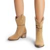 imageDREAM PAIRS Womens Modern Western Cowboy Boots Mid Calf Round toe Chunky Heel Cowgirl Country Ankle Boots with Pull On TabsKhakisuede