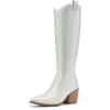 imageDREAM PAIRS Womens Cowboy Boots Wide Calf Comfortable Pull On Zipper Chunky Heel Pointed Toe Embroidered Western Cowgirl Knee High Boots Girls Ladies Retro Tall BootSilverrhinestone