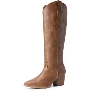 imageDREAM PAIRS Cowboy Boots for Women Cowgirl Knee High Boots Comfortable Pull On Zipper Chunky Heel Pointed Toe Embroidered Western BootsBrown