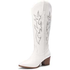 imageDREAM PAIRS Cowboy Boots for Women Cowgirl Knee High Boots Comfortable Pull On Zipper Chunky Heel Pointed Toe Embroidered Western BootsWhiterhinestone
