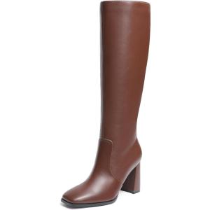 imageDREAM PAIRS Knee High Boots for Women Square Toe Gogo Chunky Heel with Side ZipBrown