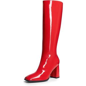 imageDREAM PAIRS Knee High Boots for Women Square Toe Gogo Chunky Heel with Side ZipRedpat