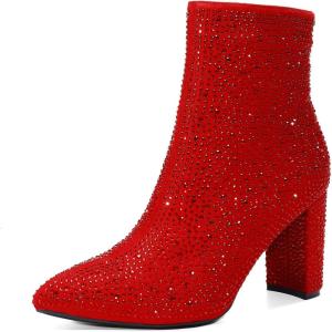 imageDREAM PAIRS Womens Chunky Heel Ankle Booties Pointed Toe Short BootsRedrhinestone