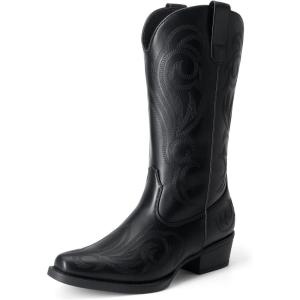 imageDREAM PAIRS Womens Cowboy Boots Mid Calf Cowgirl Boots Square Toe Chunky Heel Embroidery Stitched Western BootsAll Black
