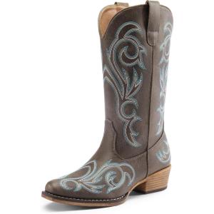 imageDREAM PAIRS Womens Cowboy Boots Mid Calf Cowgirl Boots Square Toe Chunky Heel Embroidery Stitched Western BootsBrown