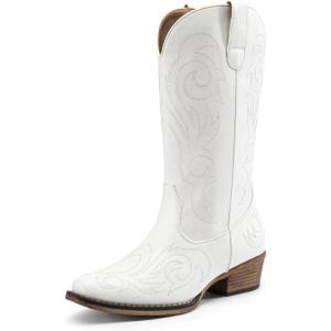 imageDREAM PAIRS Womens Cowboy Boots Mid Calf Cowgirl Boots Square Toe Chunky Heel Embroidery Stitched Western BootsWhite