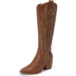 imageDREAM PAIRS Womens Cowboy Boots Wide Calf Comfortable Pull On Zipper Chunky Heel Pointed Toe Embroidered Western Cowgirl Knee High Boots Girls Ladies Retro Tall BootLight Brown