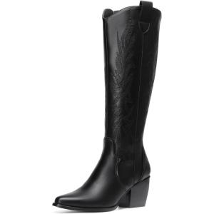 imageDREAM PAIRS Womens Cowboy Boots Wide Calf Comfortable Pull On Zipper Chunky Heel Pointed Toe Embroidered Western Cowgirl Knee High Boots Girls Ladies Retro Tall BootBlackPu