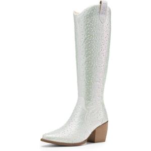 imageDREAM PAIRS Womens Cowboy Boots Wide Calf Comfortable Pull On Zipper Chunky Heel Pointed Toe Embroidered Western Cowgirl Knee High Boots Girls Ladies Retro Tall BootSilverrhinestone