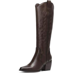 imageDREAM PAIRS Womens Cowboy Boots Wide Calf Comfortable Pull On Zipper Chunky Heel Pointed Toe Embroidered Western Cowgirl Knee High Boots Girls Ladies Retro Tall BootBrownPu
