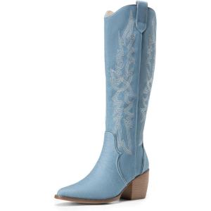 imageDREAM PAIRS Womens Cowboy Boots Wide Calf Comfortable Pull On Zipper Chunky Heel Pointed Toe Embroidered Western Cowgirl Knee High Boots Girls Ladies Retro Tall BootDenim Blue