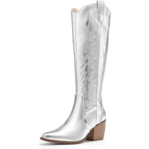 imageDREAM PAIRS Womens Cowboy Boots Wide Calf Comfortable Pull On Zipper Chunky Heel Pointed Toe Embroidered Western Cowgirl Knee High Boots Girls Ladies Retro Tall BootMetallic Silver