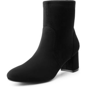 imageDREAM PAIRS Womens Fitted Stretch Ankle Boots Fashion Low Chunky Heel Almond Toe Fall Heeled Booties ShoesBlacksuede
