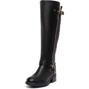 imageDREAM PAIRS Womens Knee High Boots Low Block Heel Riding Boots Round Toe Side Zipper Biker Motorcycle Buckle BootsBlack