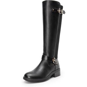 imageDREAM PAIRS Womens Knee High Boots Low Block Heel Riding Boots Round Toe Side Zipper Biker Motorcycle Buckle BootsBlackfabric