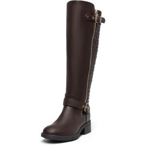 imageDREAM PAIRS Womens Knee High Boots Low Block Heel Riding Boots Round Toe Side Zipper Biker Motorcycle Buckle BootsBrown