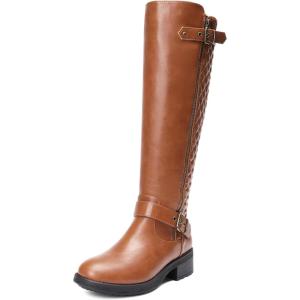 imageDREAM PAIRS Womens Knee High Boots Low Block Heel Riding Boots Round Toe Side Zipper Biker Motorcycle Buckle BootsLight Brown