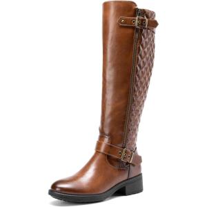 imageDREAM PAIRS Womens Knee High Boots Low Block Heel Riding Boots Round Toe Side Zipper Biker Motorcycle Buckle BootsTan