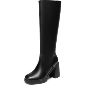imageDREAM PAIRS Womens Knee High Boots Square Toe Chunky Block Heel Side Zipper Platform Gogo BootsBlack