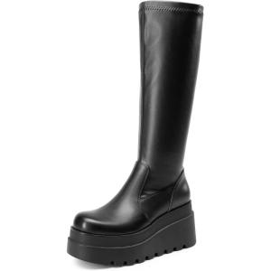 imageDREAM PAIRS Womens Knee High Boots Wedge Platform Chunky Heel Round Toe Side Zipper Fashion Long Tall Sock BootsBlackpu