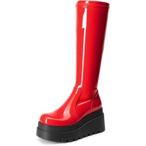 imageDREAM PAIRS Womens Knee High Boots Wedge Platform Chunky Heel Round Toe Side Zipper Fashion Long Tall Sock BootsRedpat