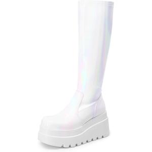 imageDREAM PAIRS Womens Knee High Boots Wedge Platform Chunky Heel Round Toe Side Zipper Fashion Long Tall Sock BootsWhitepat