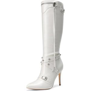 imageDREAM PAIRS Womens Metallic Stiletto Heeled Knee High Boots Sexy Fashion Pointed Toe Dress Boots with Stud and Zipper TasselWhite