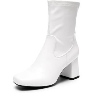 imageDREAM PAIRS Womens Mid Calf Gogo Boots Low Block Heel Square Toe Ankle Boot with Zipper for Party Cosplay DanceWhite