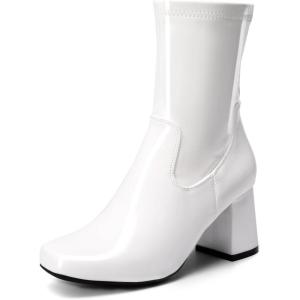 imageDREAM PAIRS Womens Mid Calf Gogo Boots Low Block Heel Square Toe Ankle Boot with Zipper for Party Cosplay DanceWhitepat