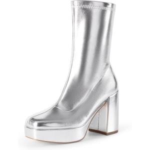 imageDREAM PAIRS Womens Mid Calf Gogo Boots Platform High Chunky Block Heel Square Toe Ankle BootsMetallic Silver
