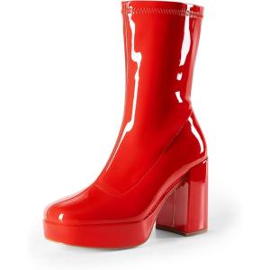 imageDREAM PAIRS Womens Mid Calf Gogo Boots Platform High Chunky Block Heel Square Toe Ankle BootsRedpat