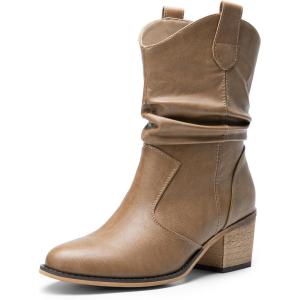 imageDREAM PAIRS Womens Modern Western Cowboy Boots Mid Calf Round toe Chunky Heel Cowgirl Country Ankle Boots with Pull On TabsMocha