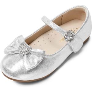 imageDREAM PAIRS Girls Mary Jane Dress Shoes for Toddler Heart Rhinestone Front Bow Ballerina Flat ToddlerLittle KidSilver