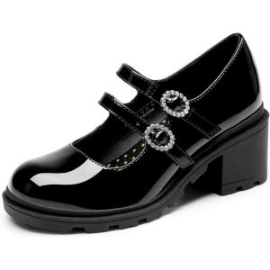 imageDREAM PAIRS Mary Jane Shoes for Girls Platform School Uniform Party Chunky Dress Heel Double Straps Flats for Little Big KidBlack
