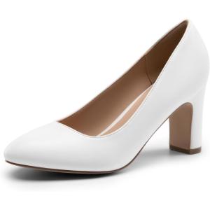imageDREAM PAIRS Womens Block Heels Closed Toe High Chunky Rounded Toe Pumps Comfortable Slip On Work ShoesWhite