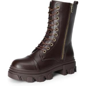 imageDREAM PAIRS Womens Combat Boots Lace up Mid Calf Boots Low Heel Chunky Platform Lug Sole BootsBrownpu