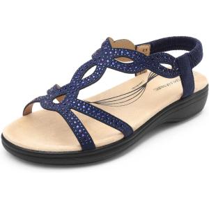 imageDREAM PAIRS Womens Comfort Dressy Rhinestone Summer Beach Sandals Slipon Flat Walking Orthopedic Sandals with Elastica Back StrapNavy