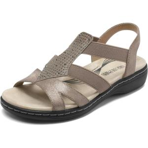 imageDREAM PAIRS Womens Comfortable Arch Support Dressy Flat Sandals Elastic Open Toe Walking Shoes for SummerBronze